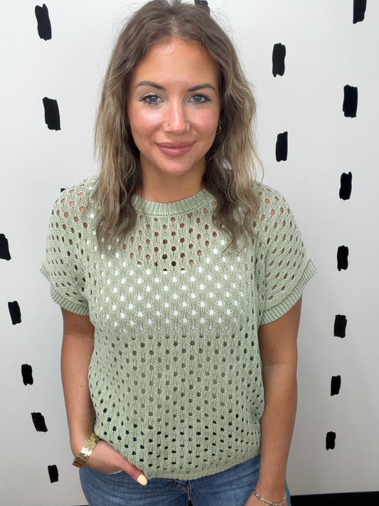 Green Tea Open Knit Short Sleeve Top