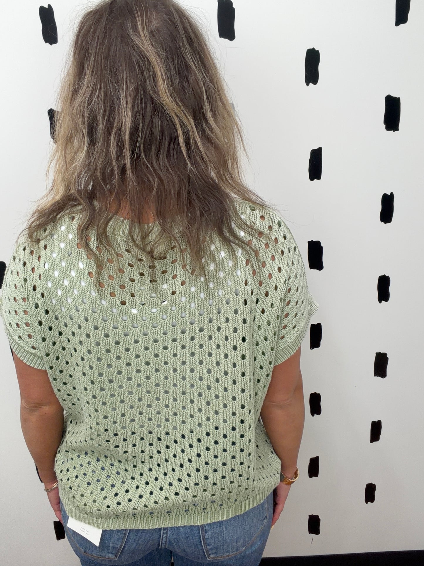 Green Tea Open Knit Short Sleeve Top