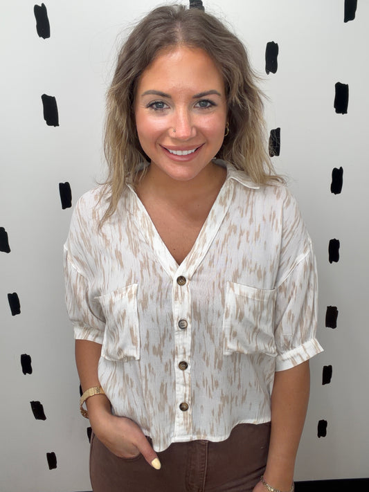 Ivory/Taupe Paint Print Short Sleeve Blouse