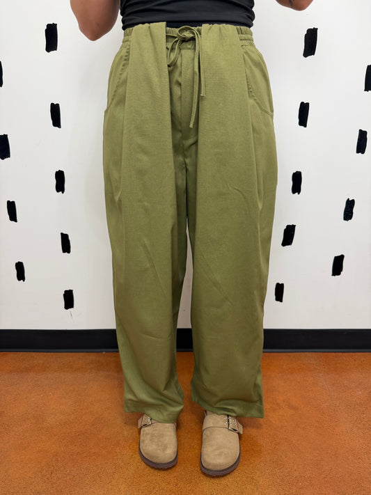 Olive High Waist Wide Leg Drawstring Pants