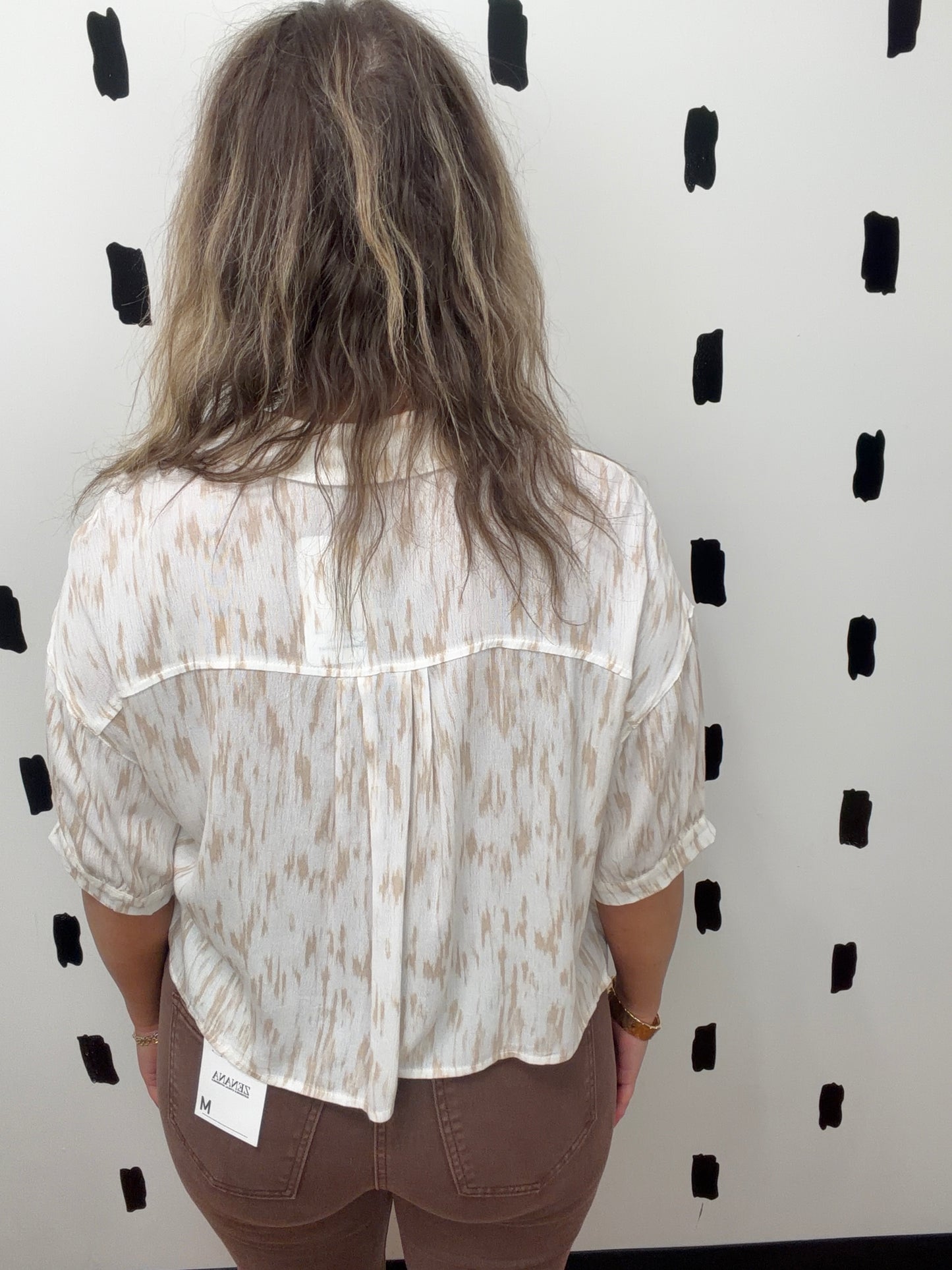 Ivory/Taupe Paint Print Short Sleeve Blouse