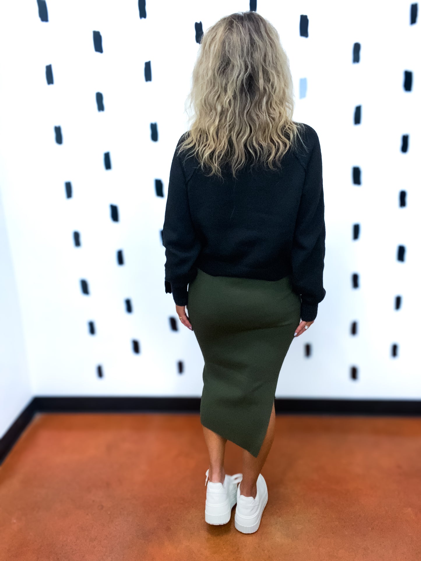 Olive High Waist Side Slit Knit Midi Skirt