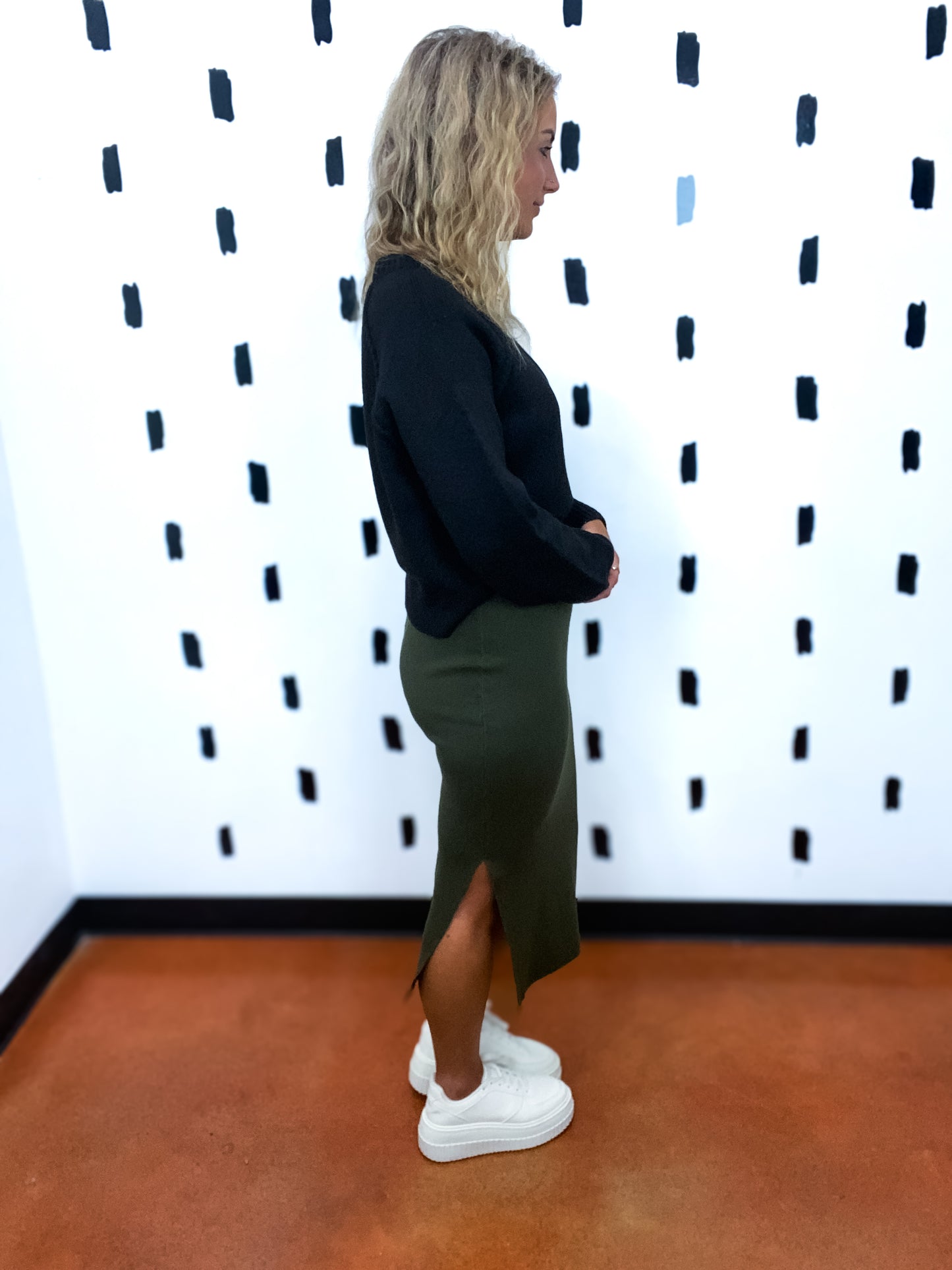 Olive High Waist Side Slit Knit Midi Skirt