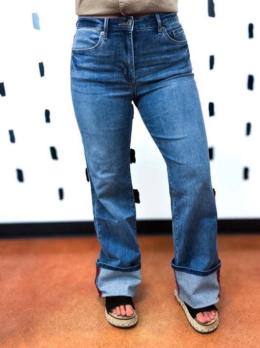 Med Wash High Rise Wide Leg Cuff Denim