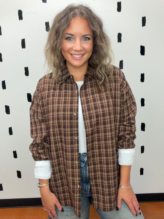 Brown Plaid Oversized Button Up Top
