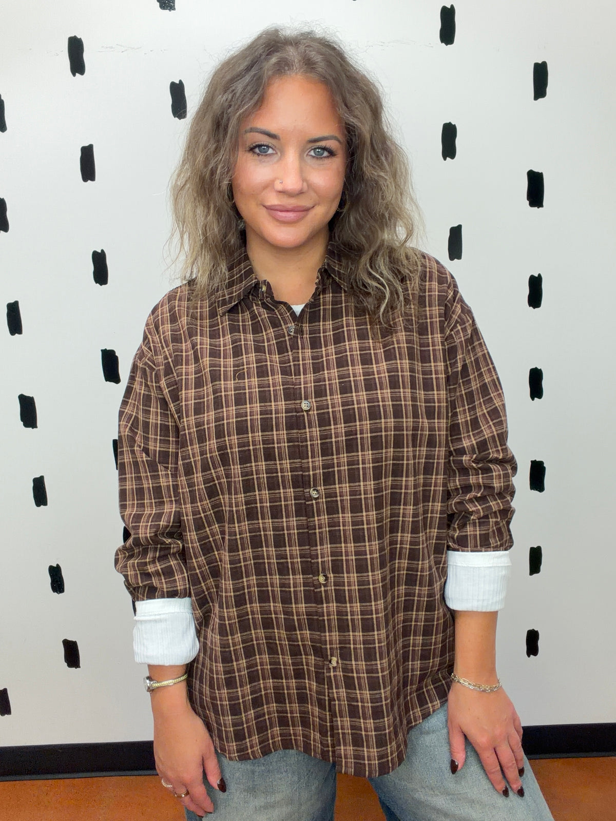 Brown Plaid Oversized Button Up Top