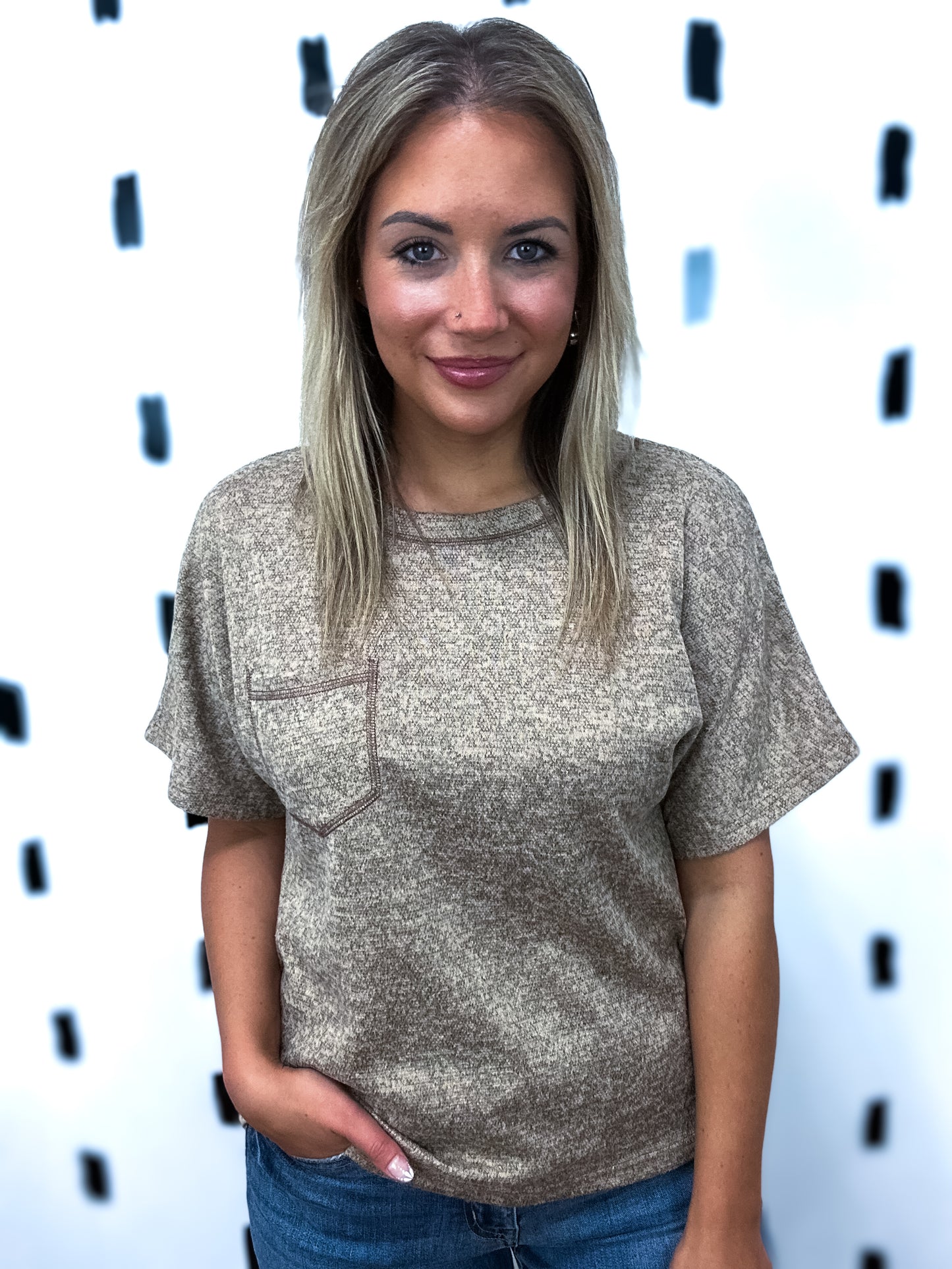 Taupe Contrast Stitch Detail Short Sleeve Top