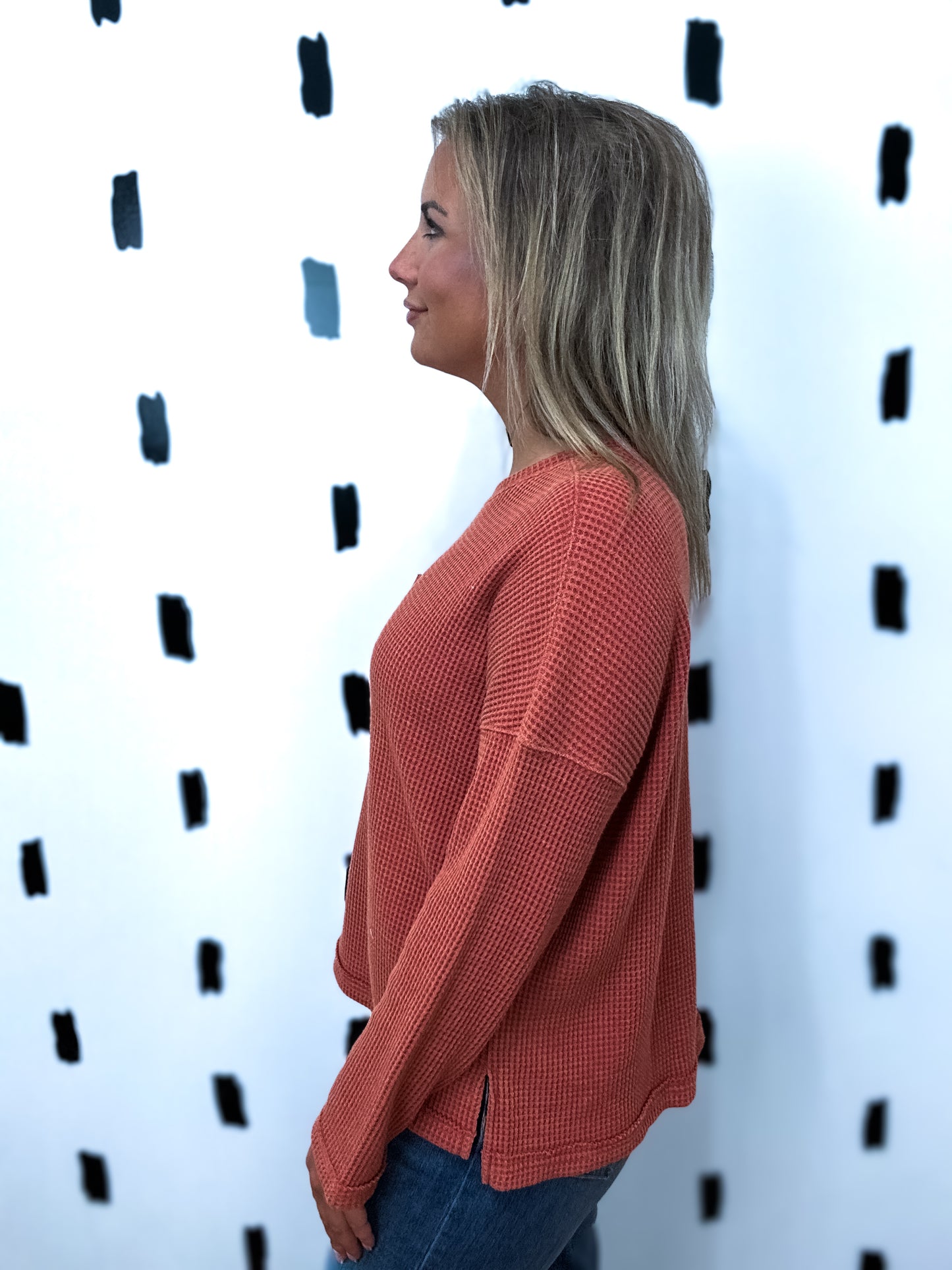Rust Mineral Waffle Knit Long Sleeve Top