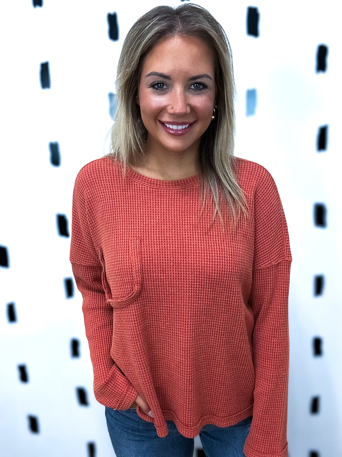 Rust Mineral Waffle Knit Long Sleeve Top