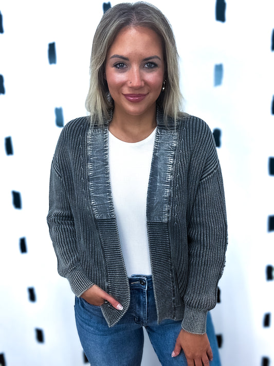 Charcoal Mineral Wash Open Front Cardigan