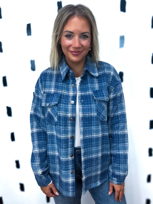 Blue Plaid Button Up Shirt Jacket