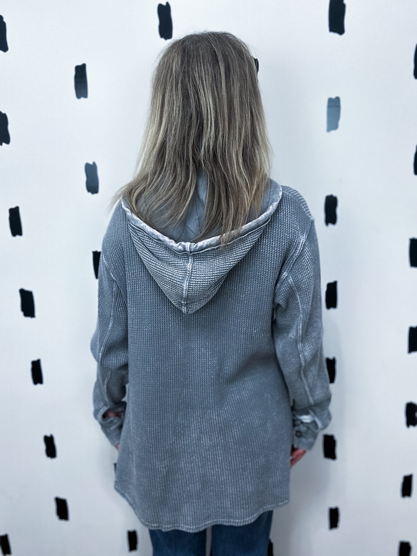 Grey Heavy Waffle Knit Hoodie Shacket