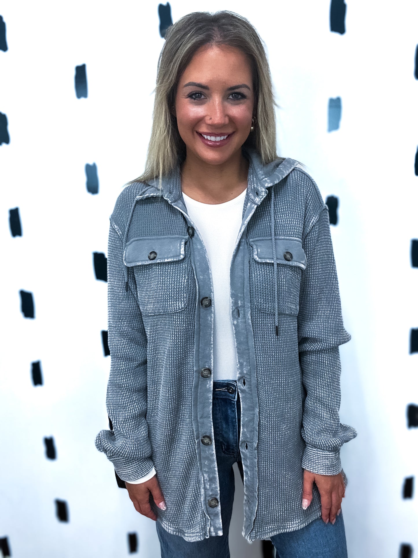 Grey Heavy Waffle Knit Hoodie Shacket