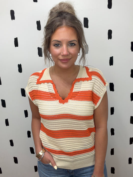 Natural/Orange Striped Crochet Top