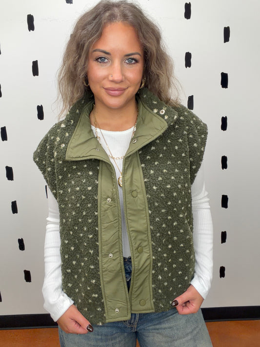 Dk.Olive Polka Dot Sherpa Vest