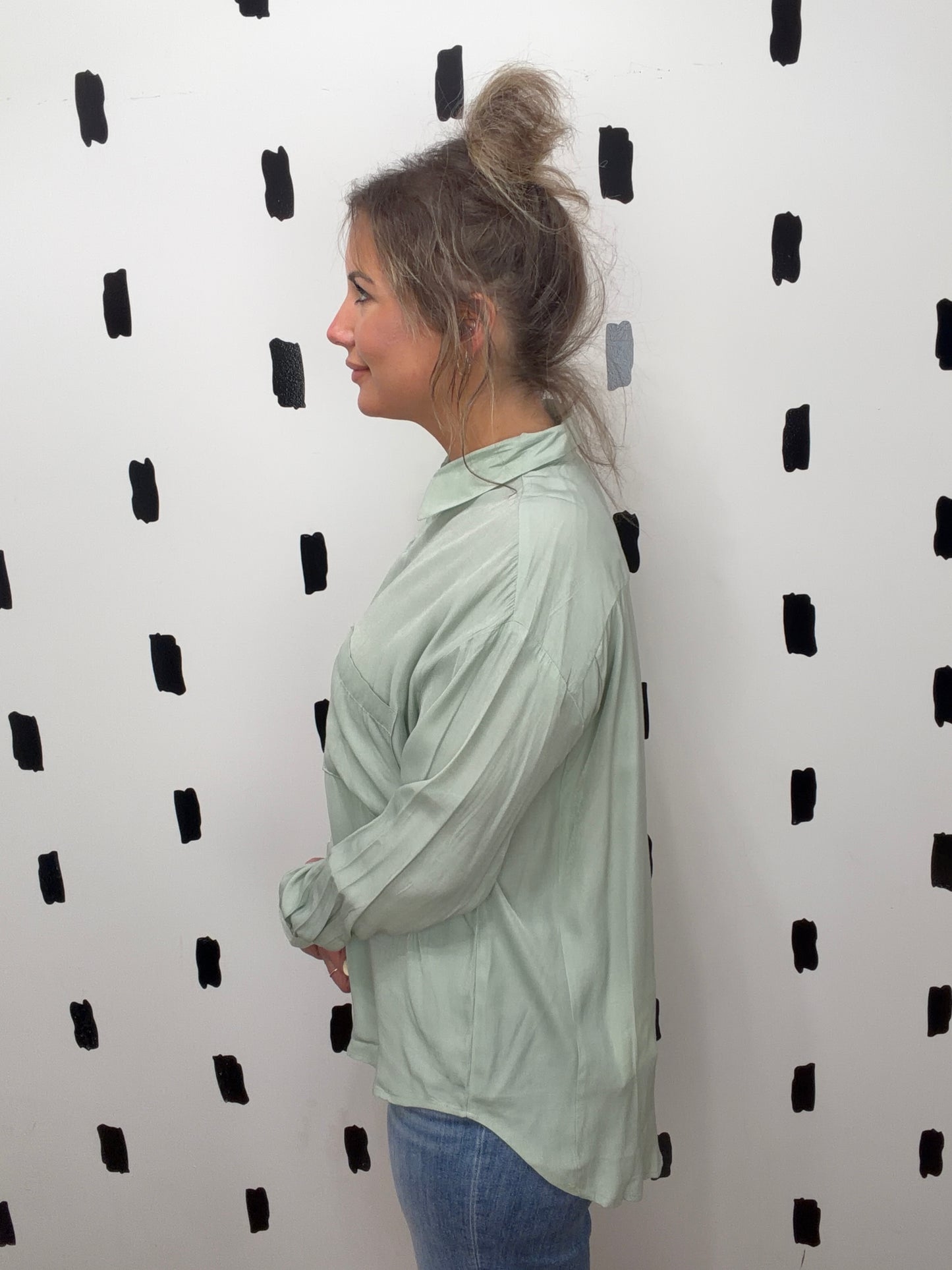Sage Button Down Long Sleeve Blouse