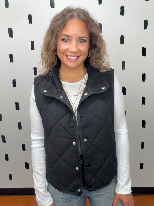 Black Quilted Snap Button Vest