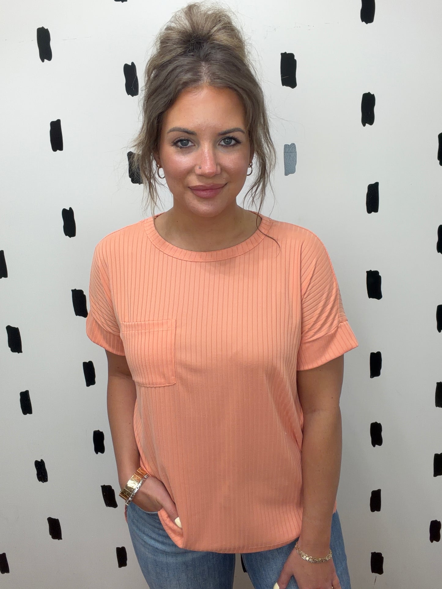 Coral Brushed Ribbed Short Sleeve Top