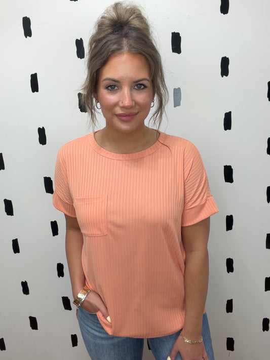 Coral Brushed Ribbed Short Sleeve Top