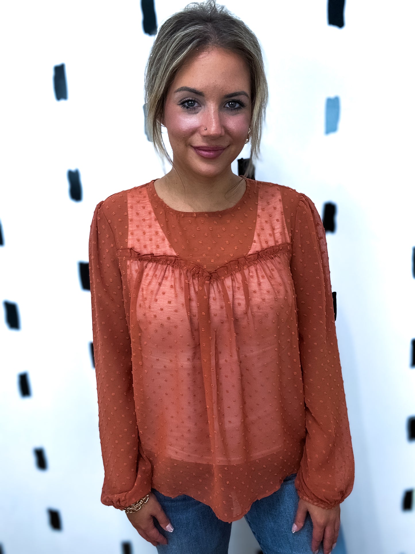 Rust Swiss Dot Long Sleeve Blouse