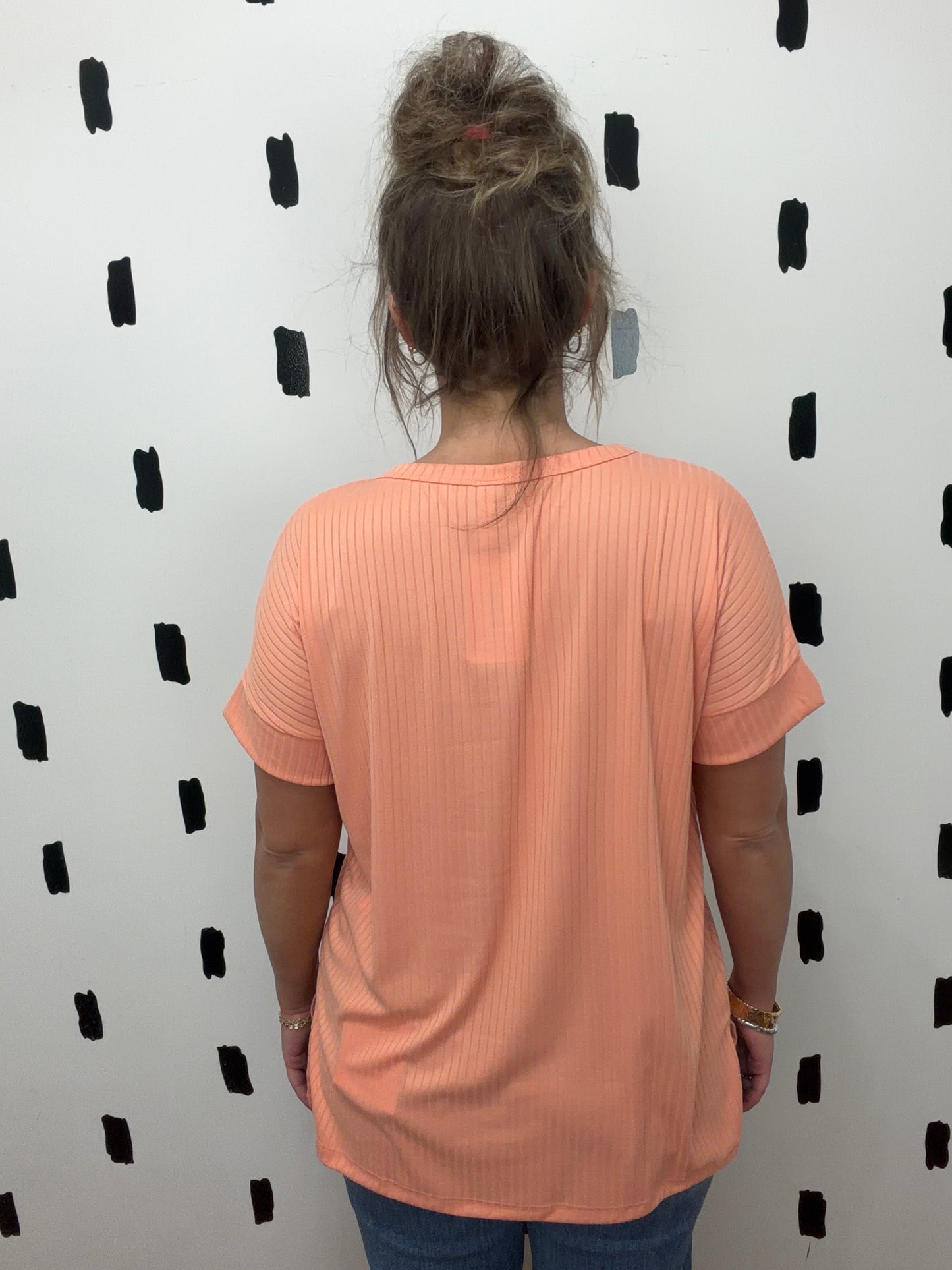 Coral Brushed Ribbed Short Sleeve Top
