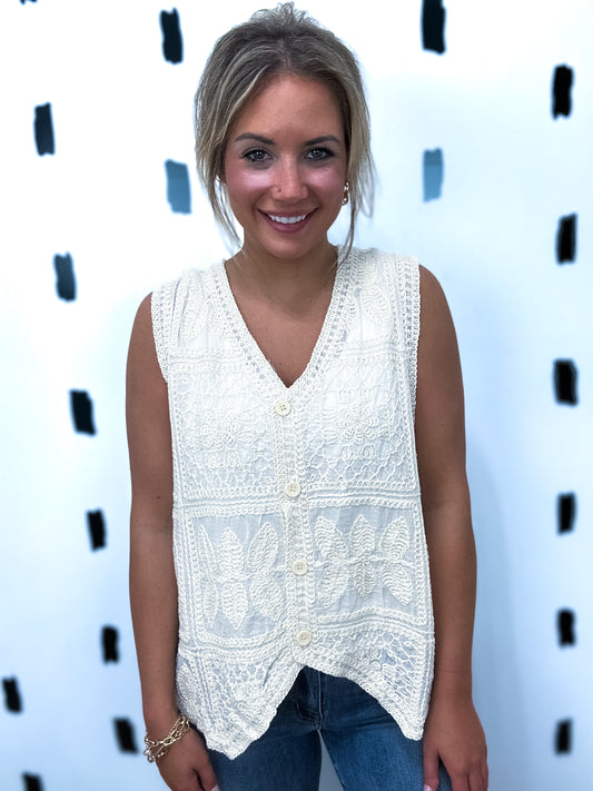 Natural V-Neck Sleeveless Crochet Vest