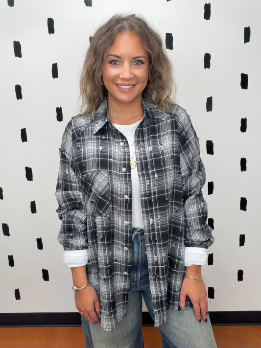 Black Distressed Plaid Flannel Top