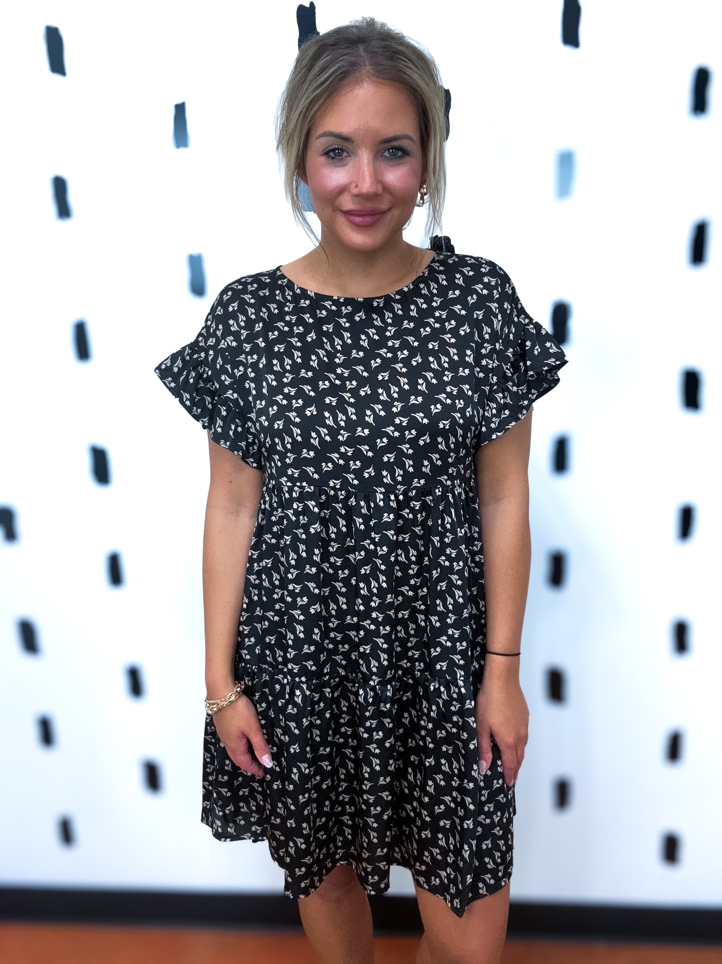 Black Floral Print Babydoll Dress