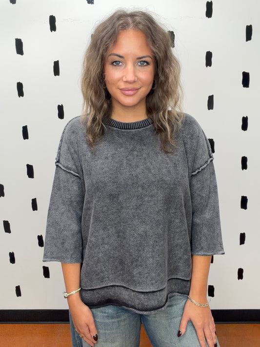 Black Washed 3/4 Sleeve Boxy Sweater