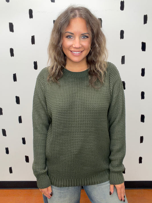 Dk.Olive Hi-Low Long Sleeve Waffle Sweater