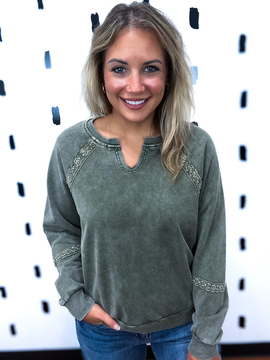 Olive Green Washed V-Neck Sweatshirt