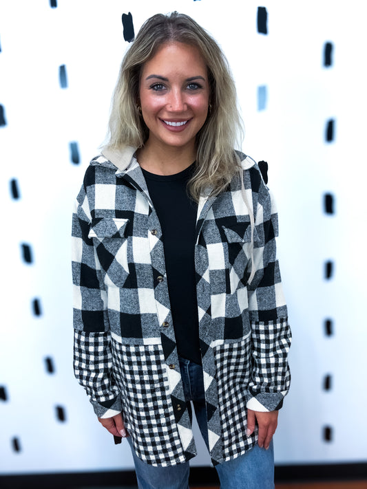Black Plaid Patchwork Hoodie Jacket