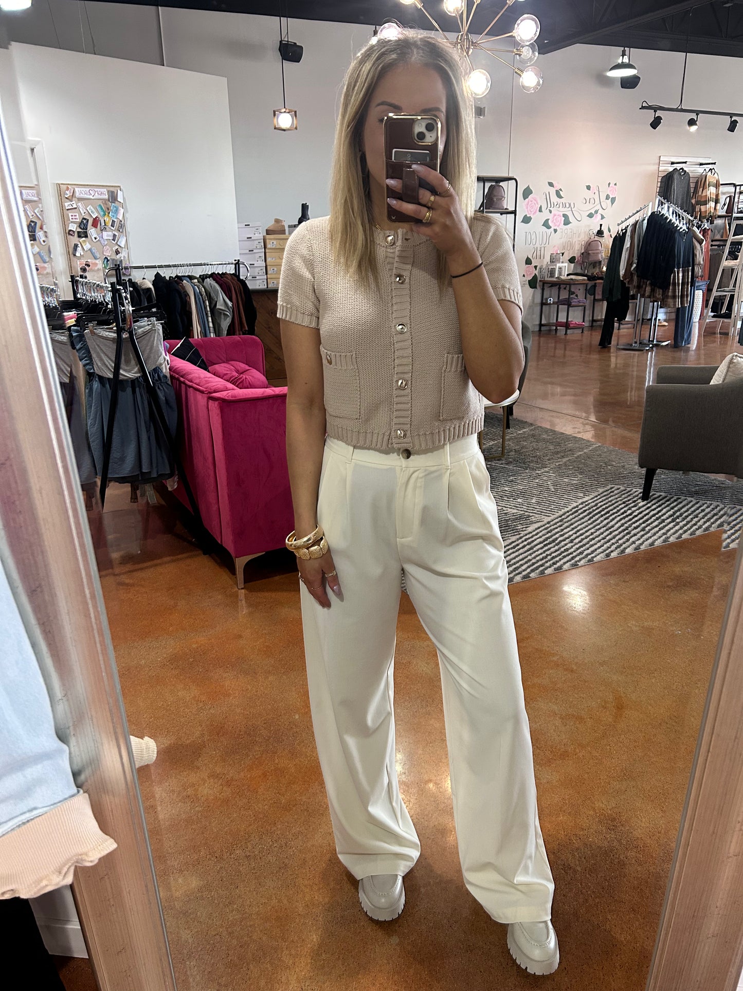 Lt. Taupe Gold Button Short Sleeve Sweater