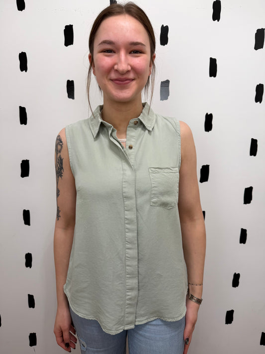 Sage Sleeveless Button Up Top