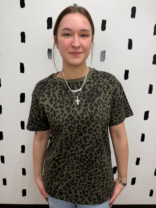 Olive/Black Short Sleeve Leopard Print Top