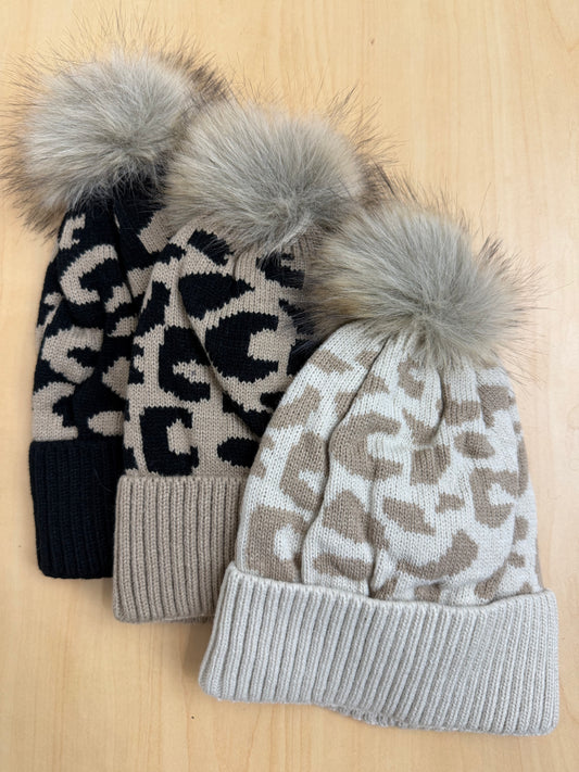Leopard Knit Pom Beanie