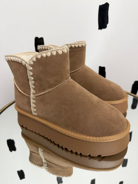 Camel Crochet Stitched Edge Platform Cozy Boots