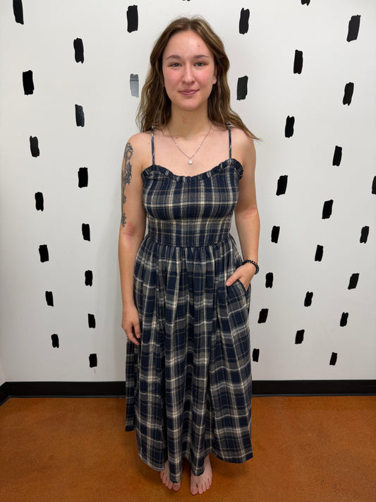 Navy Plaid Smocked Maxi Dress