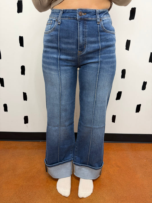 Dark Wash Cuffed Wide Leg Pintuck Denim Jeans
