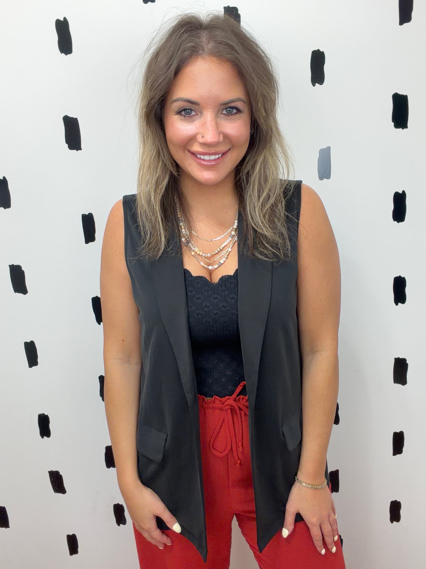 Black Open Front Knit Vest Blazer