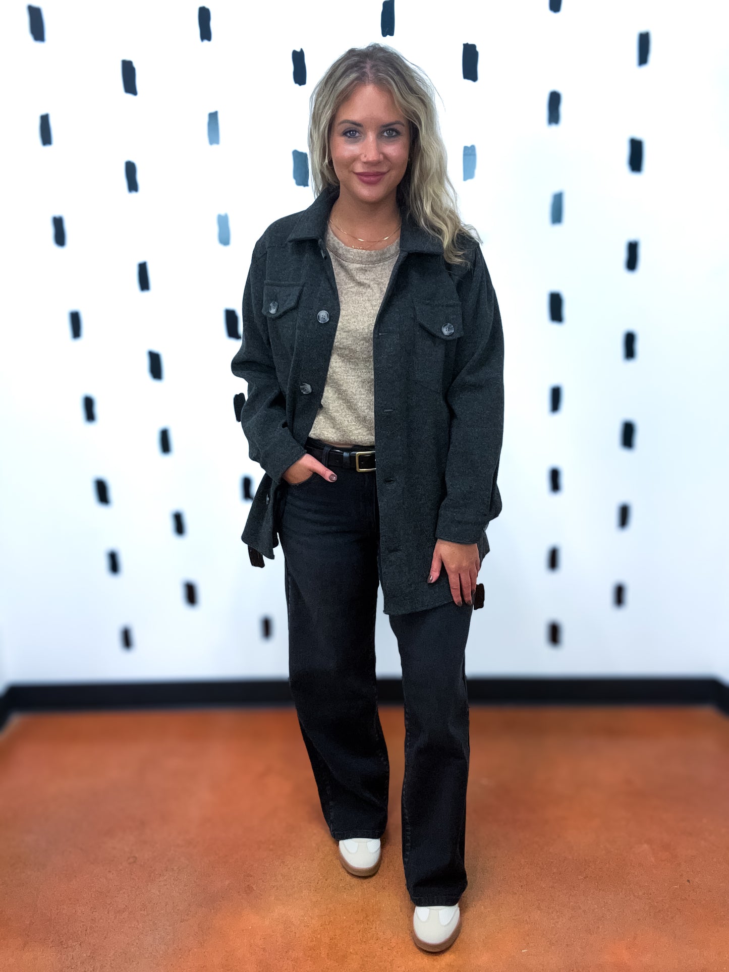 Black Wool Like Belted Shacket