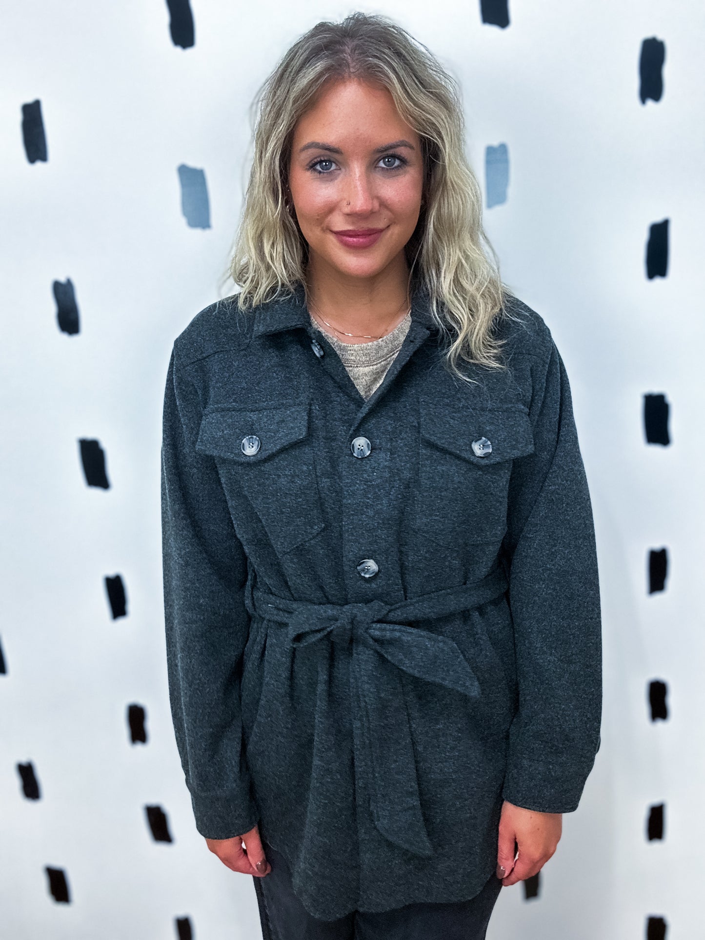 Black Wool Like Belted Shacket