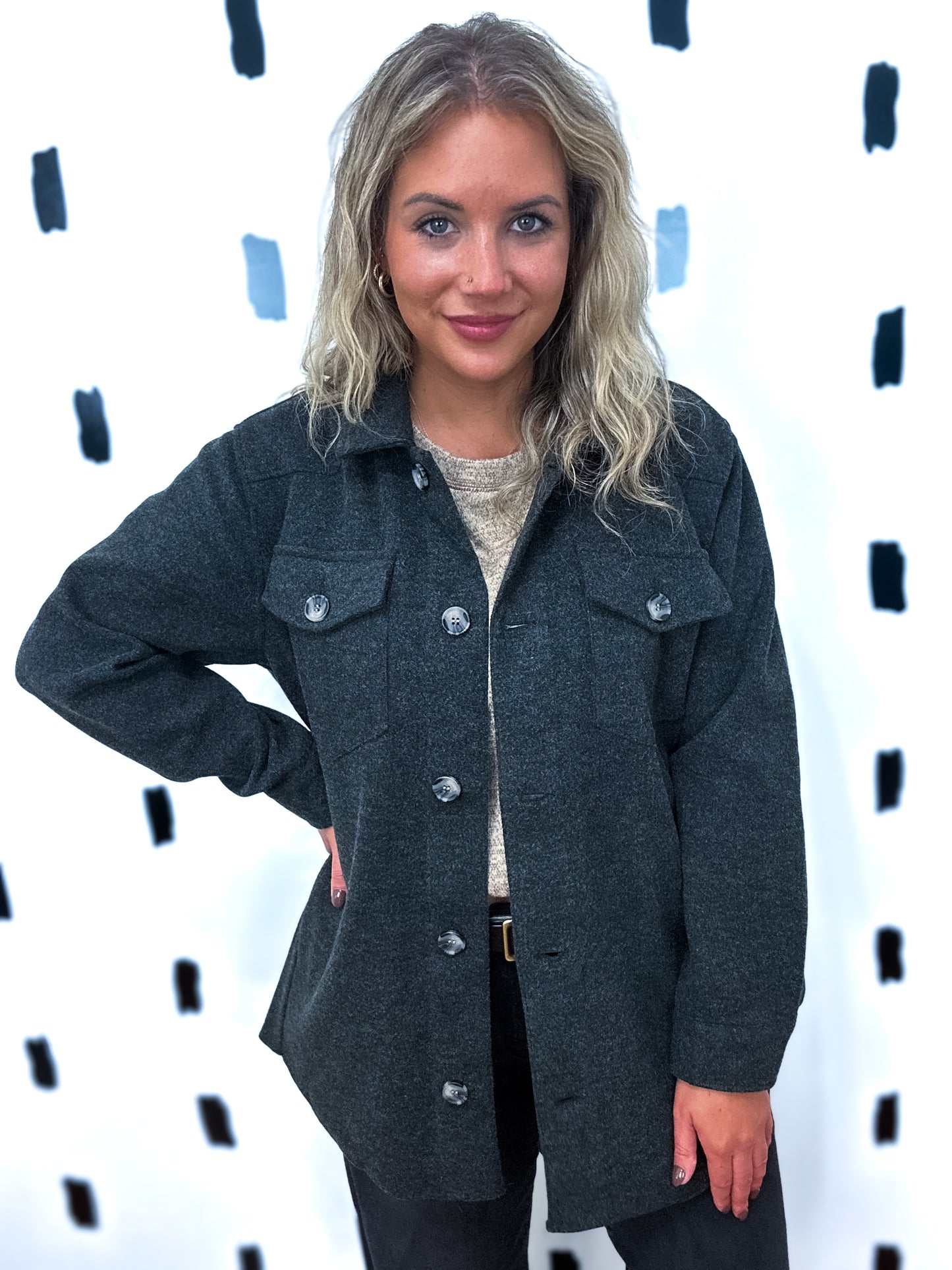 Black Wool Like Belted Shacket