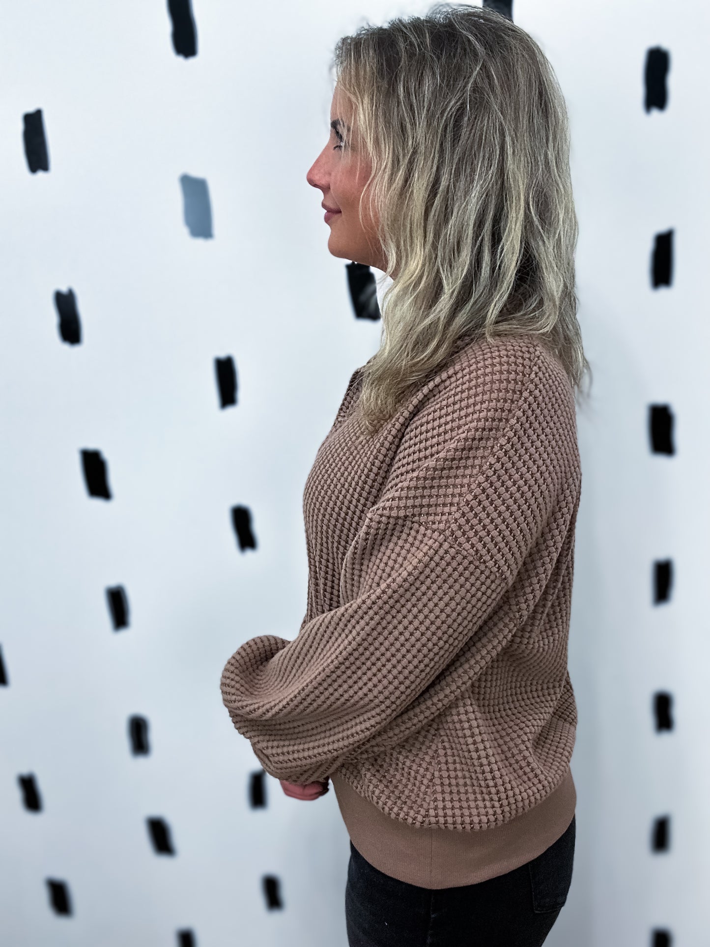 Chocolate Half Button Down Waffle Knit Top