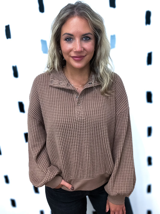 Chocolate Half Button Down Waffle Knit Top