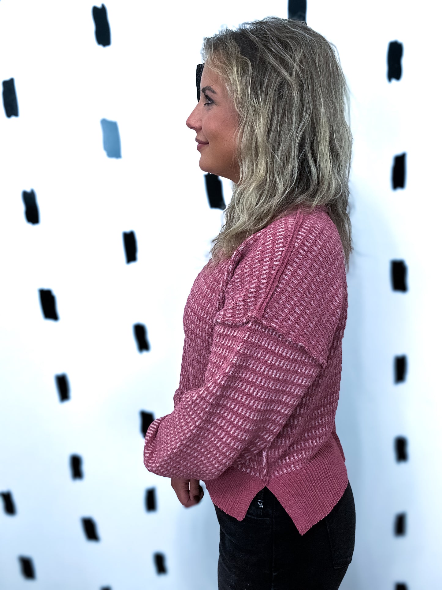 Mauve Two-Tone Textured Knit Sweater