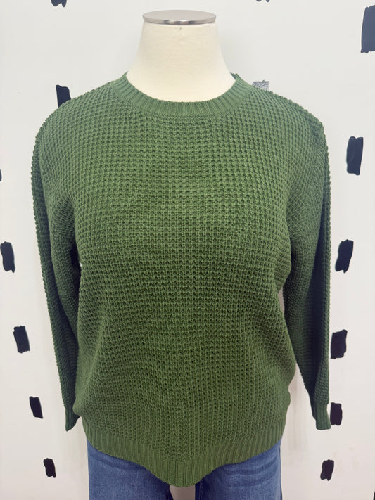 Army Green Hi Low Long Sleeve Waffle Sweater