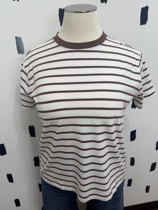 Brown Striped Crew Neck Short Sleeve Top