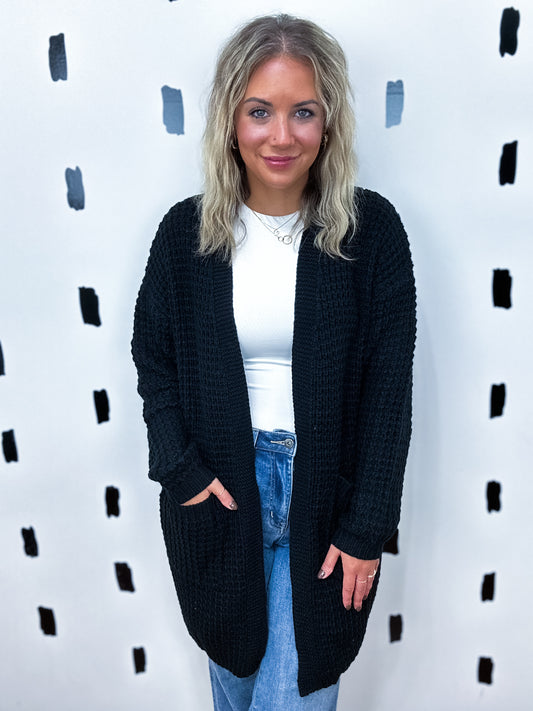 Black Chunky Waffle Knit Cardigan