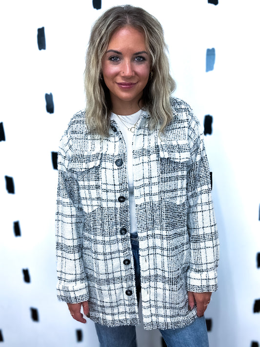 Black/White Bouncle Plaid Longline Shirt Jacket